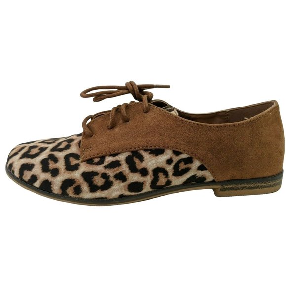 Qupid Girl's Brown Black Suede Leopard Print Lace Up Low Top Oxford Shoes Size 6 - Picture 2 of 10